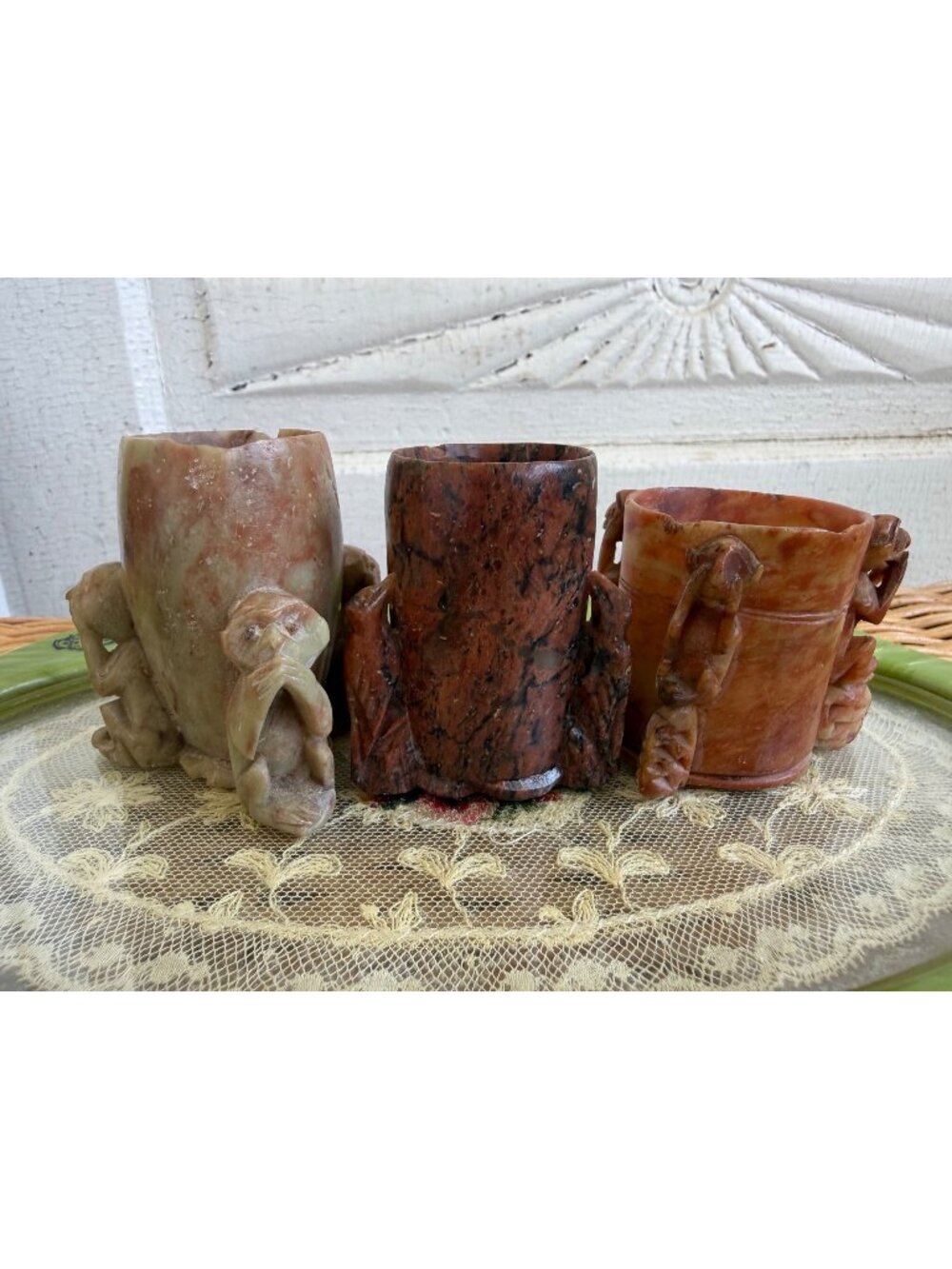 Vintage 30's Chinese Lot 3 Carved Soap Stone Toothpick Holders Monkey Bird